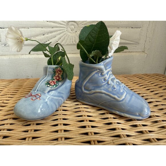 Vintage 50's Blue Shoe Pair Planter Vases Hand Painted Roses - Picture 2 of 13